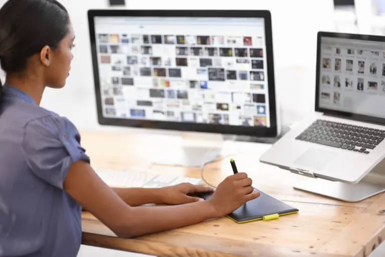 woman selecting photos online